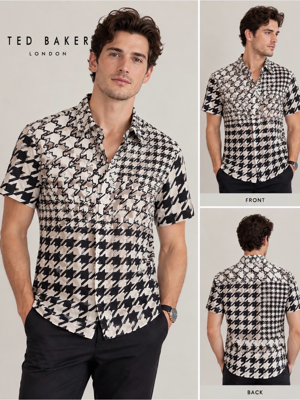 Ted Baker London Black White Houndstooth Short Sleeve Shirt NWOT
